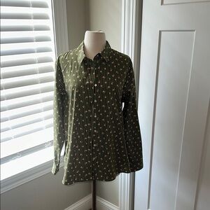 Lands' End Olive Floral Stripe Shirt Size 16 No Iron Supima Cotton